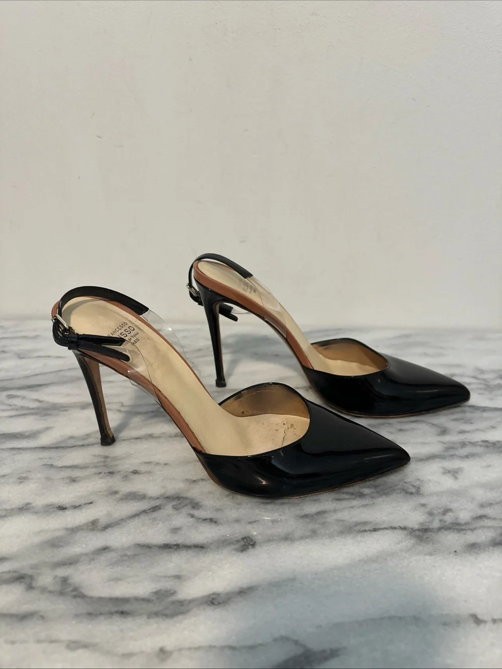 Francesco Russo Black Patent Pointed-Toe Slingback Heels Sz 38 Italy